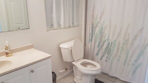 Regadera, toallas, papel de baño 