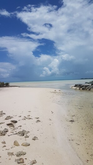Perto da praia, espreguiçadeiras, toalhas de praia 