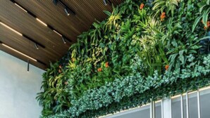 Un moderno vestíbulo con un jardín vertical verde, un sofá blanco y un piso de mármol.