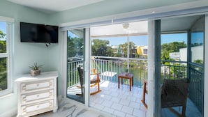 A balcony with a TV, a plant, and a chair.