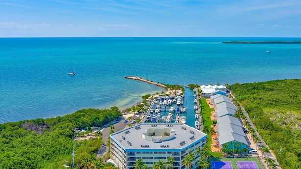 A coastal hotel with a marina, lush greenery, and a clear view of the ocean.