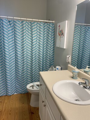 シャワー付き浴槽、タオル、石鹸、トイレットペーパー