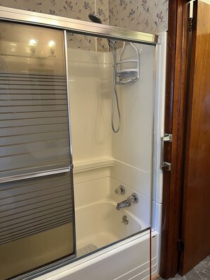 Combined shower/tub, hair dryer, towels