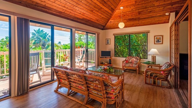 A spacious living area with a wooden ceiling, large sliding glass doors leading to a balcony, wicker furniture, and a television.