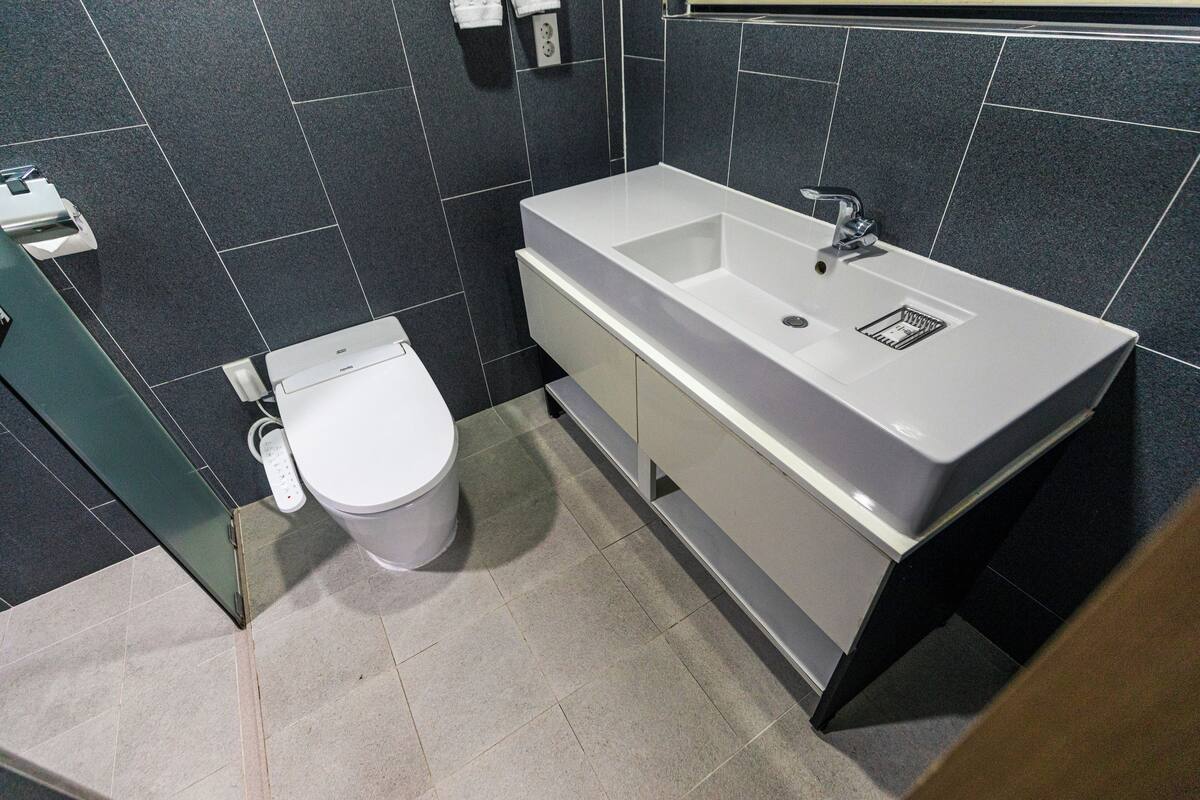 shower, hair dryer, slippers, bidet