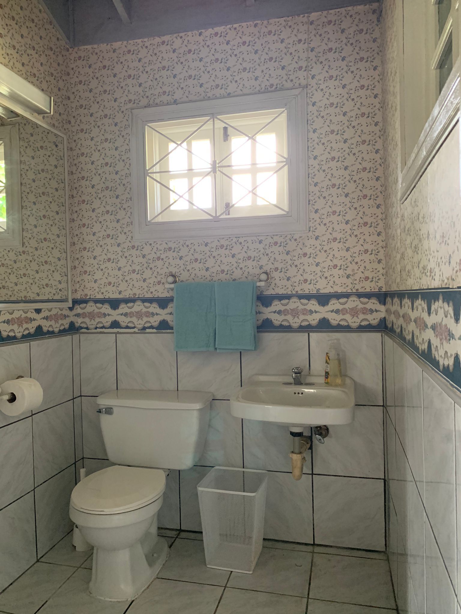 A bathroom with a toilet, sink, and window.