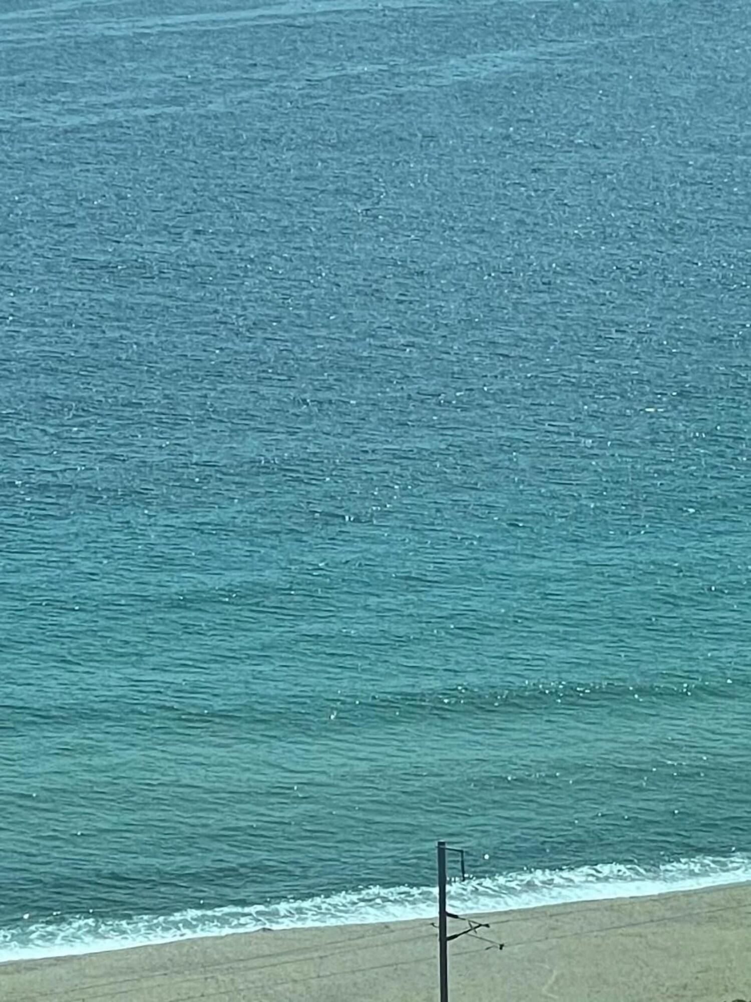 A beach with a concrete barrier and a metal pole.