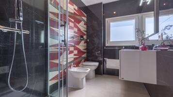 Shower, hair dryer, towels