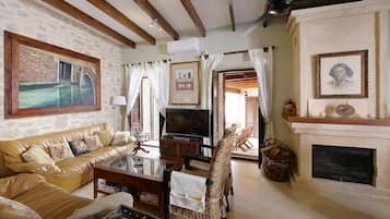 Télévision, cheminée, lecteur de DVD, chaßne hi-fi