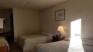 A room with two beds, a bedside table with a lamp, a framed picture on the wall, and a window allowing natural light. - Unity Lodge Suite 9 (Golconda)