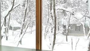 A room with large windows, two chairs, and wooden flooring. - Sanzan Chalet (Hakuba)