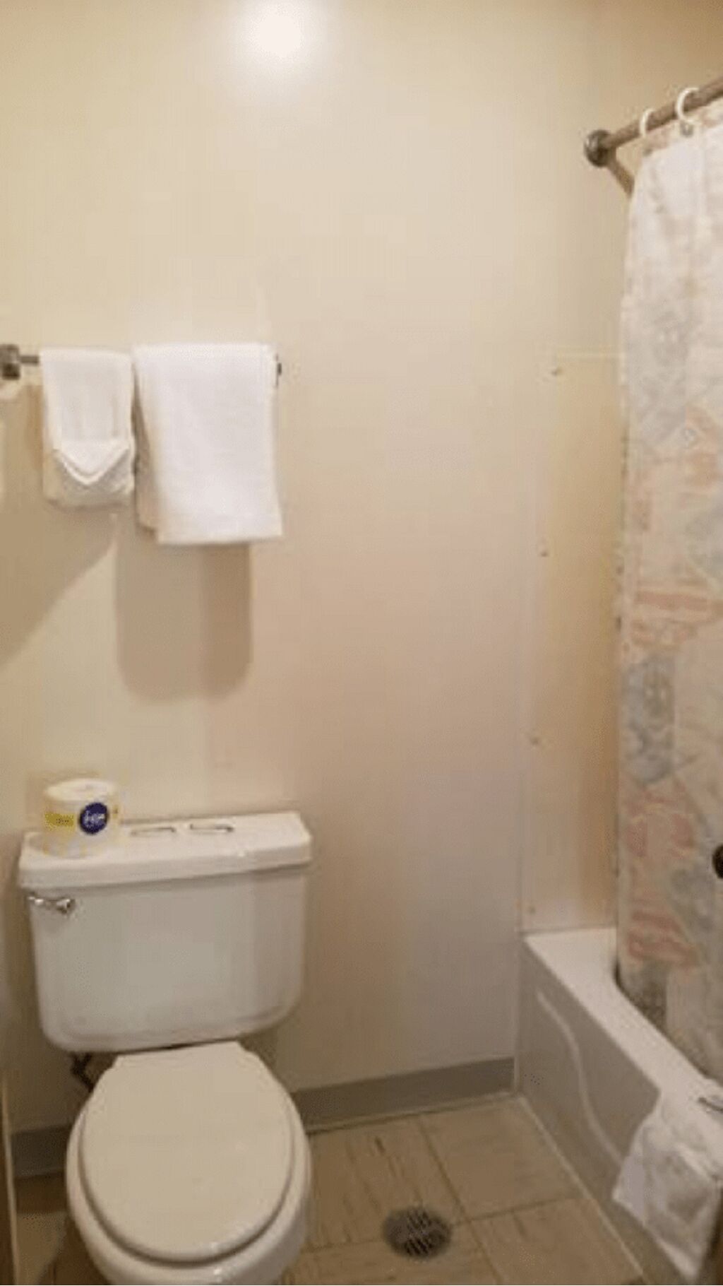 Combined shower/tub, towels, soap, toilet paper