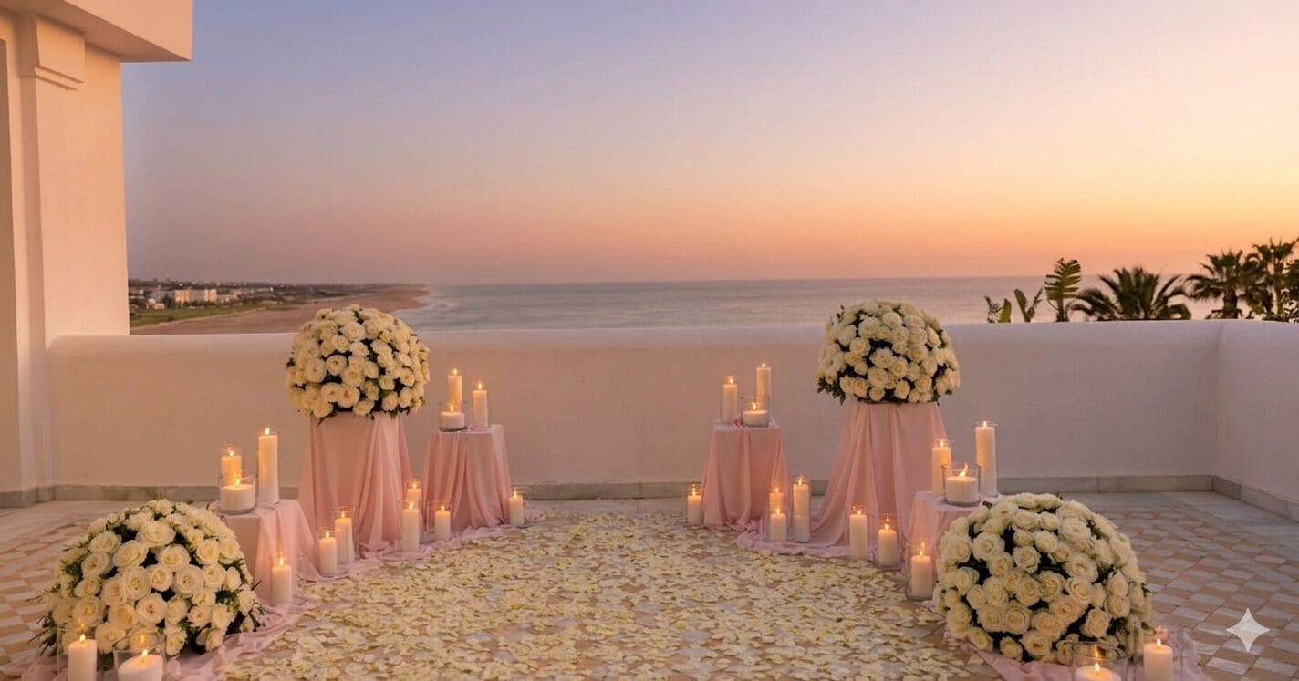 Montaje para una boda al aire libre con arreglos florales y velas en una terraza con vistas al mar.