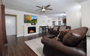 TV, fireplace, DVD player, foosball