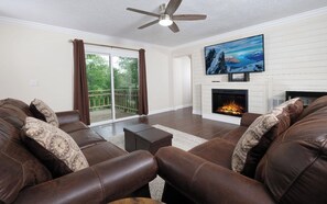 TV, fireplace, DVD player, foosball