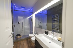 Douche, séchoir à cheveux, bidet, serviettes fournies