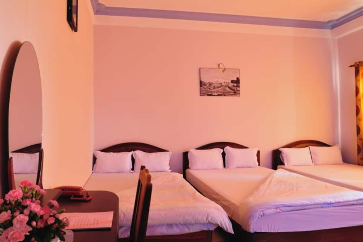 A hotel room with two single beds, a desk with a chair, a large mirror, and a wall-mounted picture.