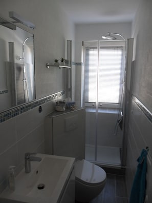 Ein Badezimmer mit Dusche, Toilette und Waschbecken.