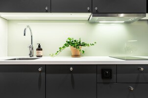Una cocina moderna con un lavamanos de acero inoxidable, una planta en maceta y una botella de jabón para manos.
