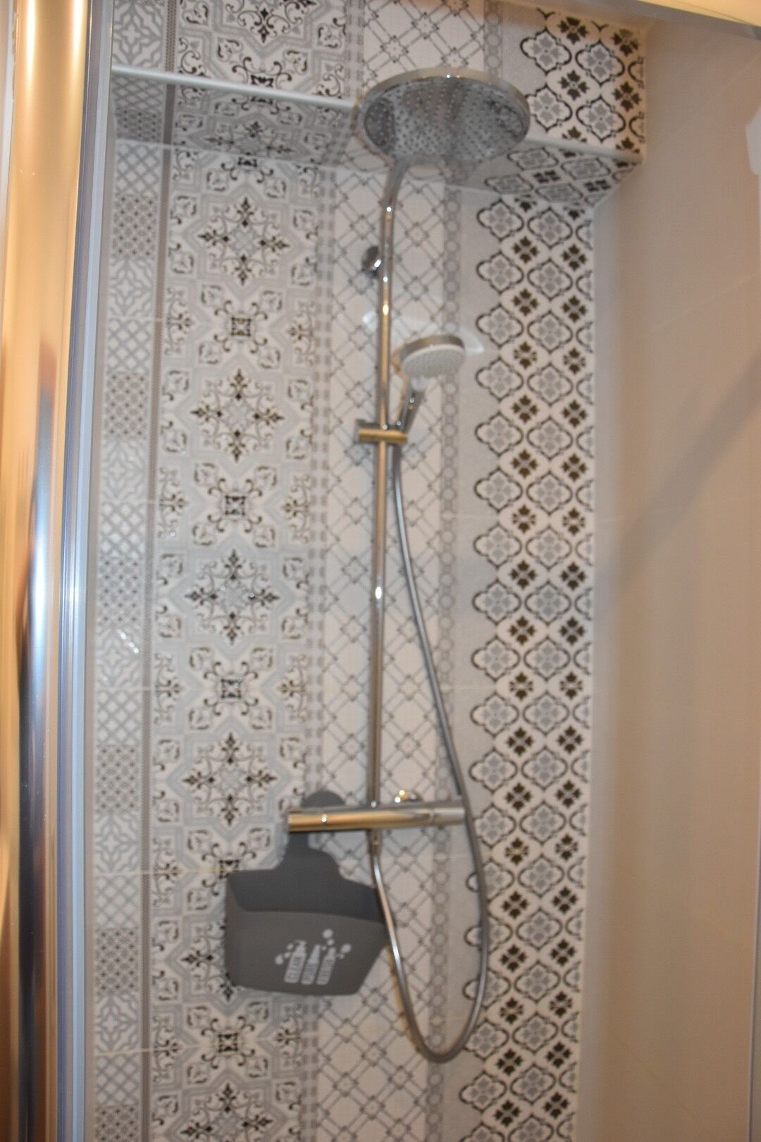 Une douche équipée d’un pommeau de douche à main et d’un flexible de douche.