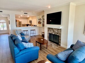 Smart TV, fireplace, books