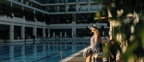 2 indoor pools, seasonal outdoor pool, pool umbrellas, pool loungers