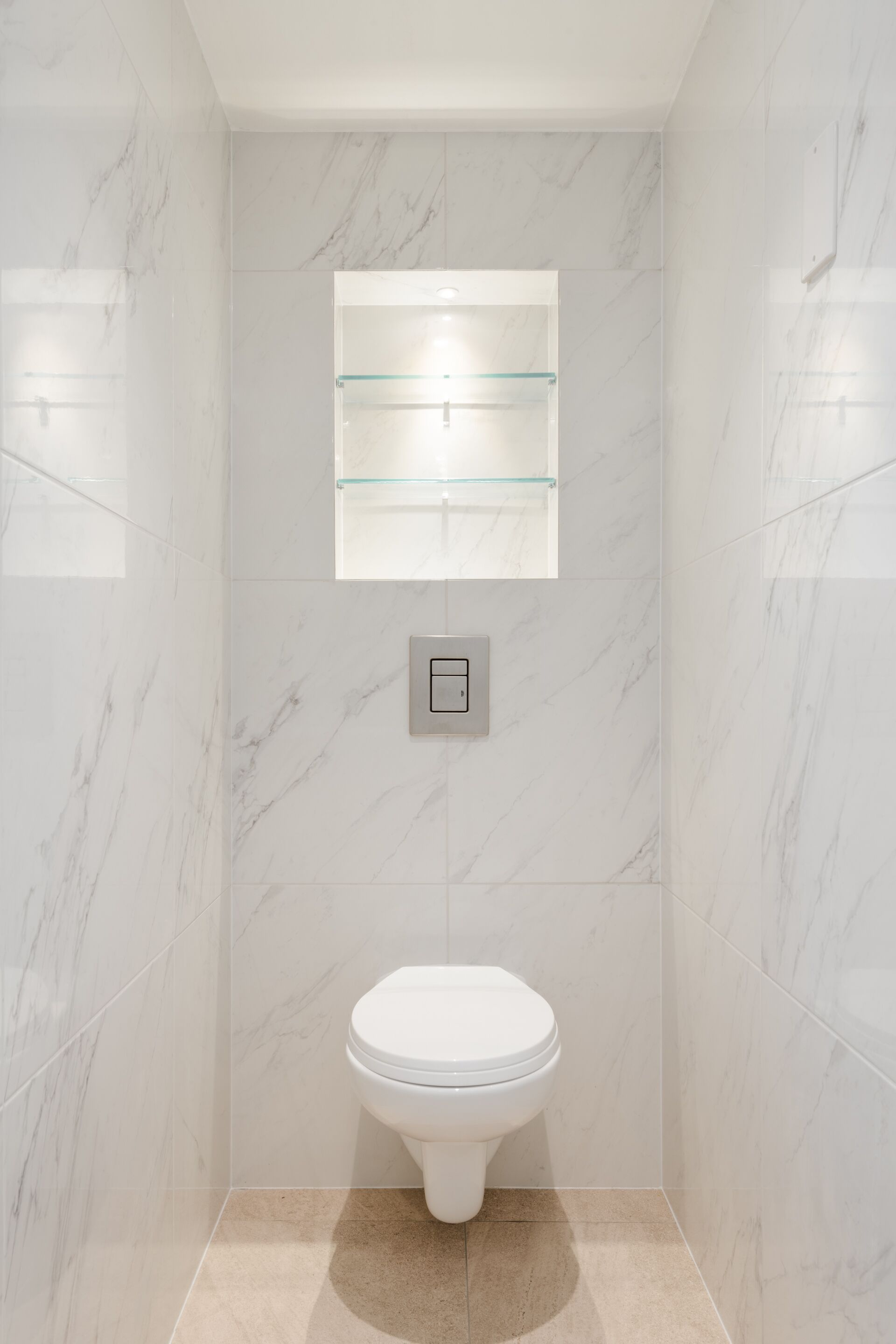 A bathroom with a toilet, a glass shelf, and a light switch.