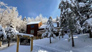 Lumihuntuisten puiden ympäröimä puinen mökki, jonka nimi on ”Cupp’s Cabin”.