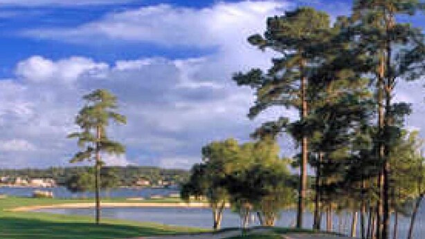 Un campo de golf con búnkeres de arena, una masa de agua y árboles altos.