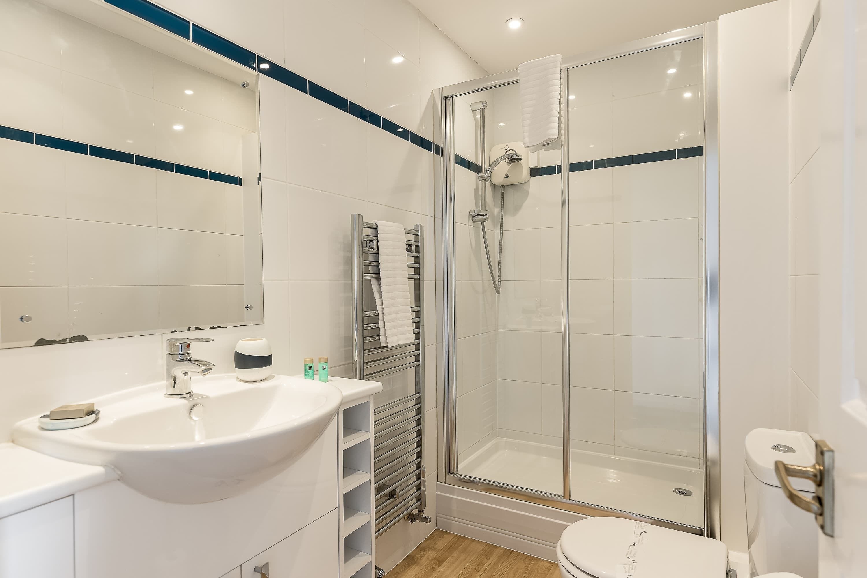 Shower, hair dryer, towels