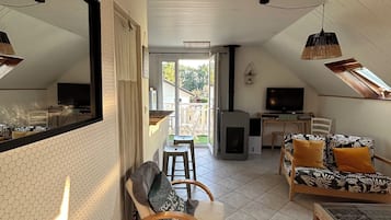 TV connectée, cheminée, livres