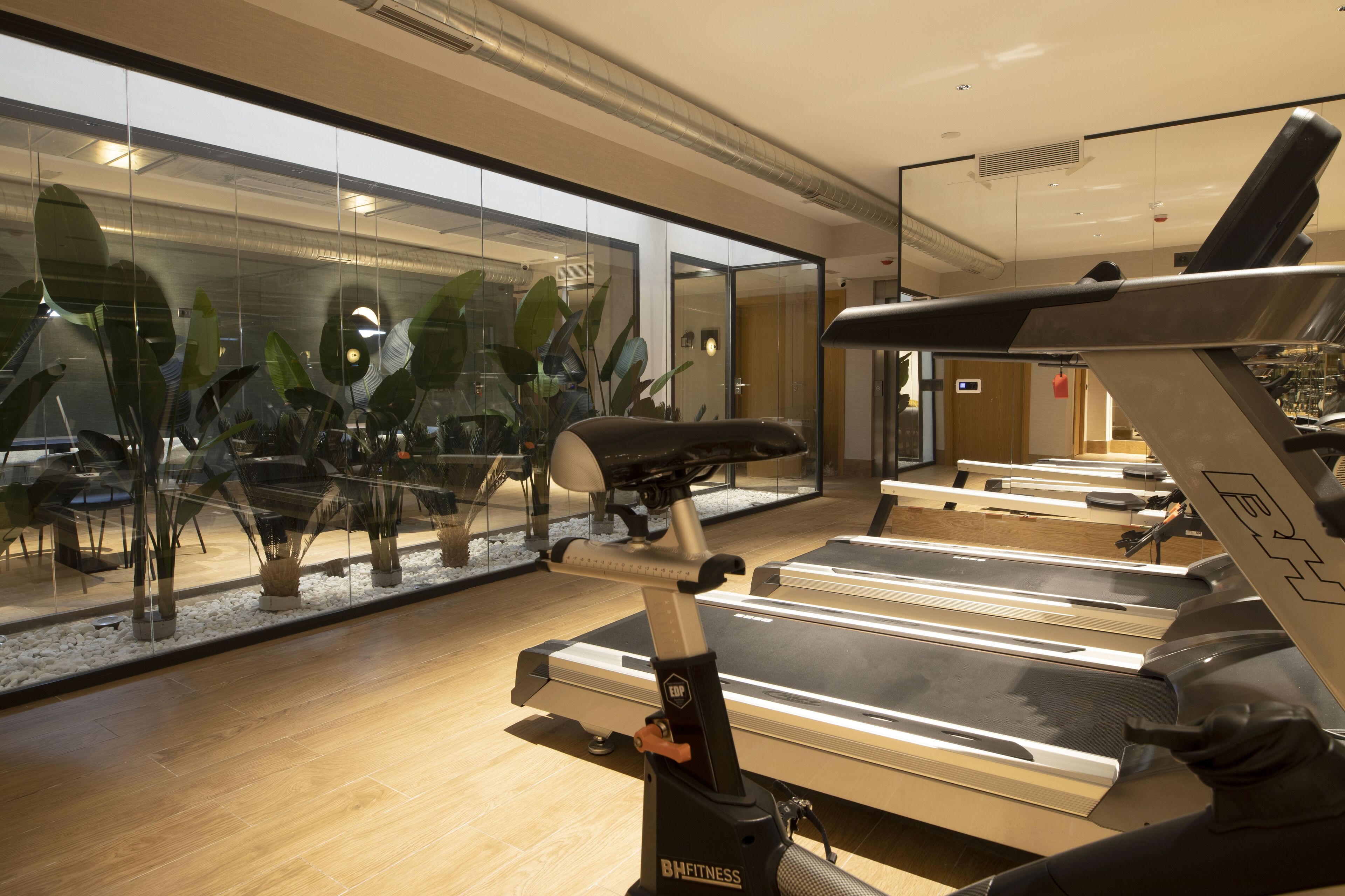 A gym with treadmills, exercise bikes, and a mirrored wall reflecting the interior.