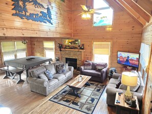 Smart TV, fireplace, DVD player, books