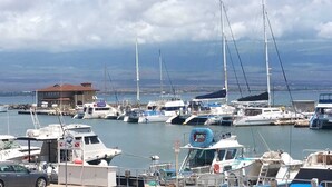 Uma marina com vários barcos atracados, um edifício com telhado vermelho e vista ampla para a água e terra ao longe.