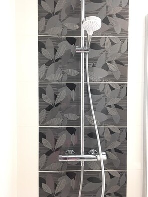 Shower, hair dryer, towels