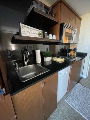 Réfrigérateur, micro-ondes, plaque de cuisson, lave-vaisselle