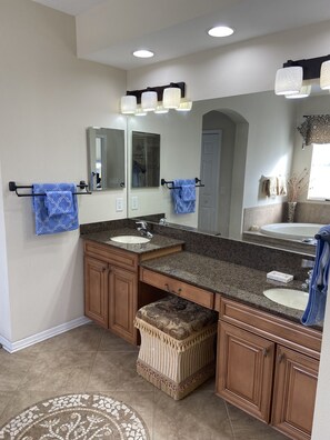 Jetted tub, bidet, towels, soap