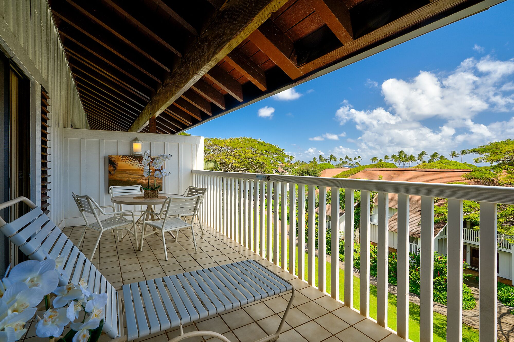 Un espacio al aire libre cubierto con mesa y sillas, una orquídea en maceta y vistas a un paisaje tropical.