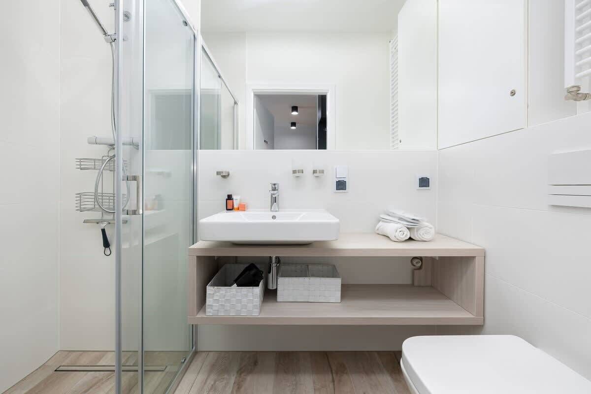 Shower, hair dryer, shampoo