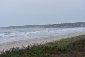 A beach with waves, a grassy foreground, and a distant hill with buildings.