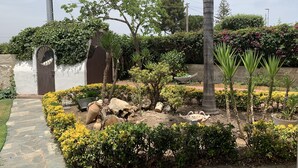A garden with a stone pathway, a palm tree, and various shrubs. - Villa Ale - Fontane Bianche  (Fontane Bianche)