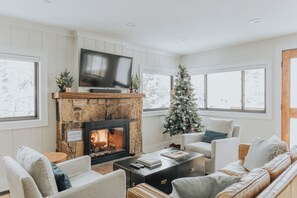 Smart TV, chimenea, libros y estéreo