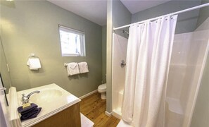 Combined shower/bathtub, hair dryer, towels, soap - Cloud Nine - A Charming Ocean View Home with Hot Tub & Fire Pit in Belle Beach! (Depoe Bay)