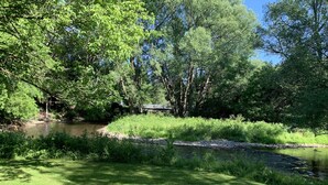 Un parque tranquilo a orillas del río con un puente de madera, abundante vegetación y un cuerpo de agua en calma.
