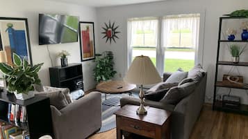 Smart TV, fireplace, books, offices