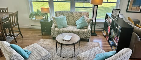 Smart TV, fireplace, books, offices