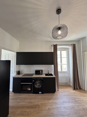 Fridge, oven, stovetop, electric kettle