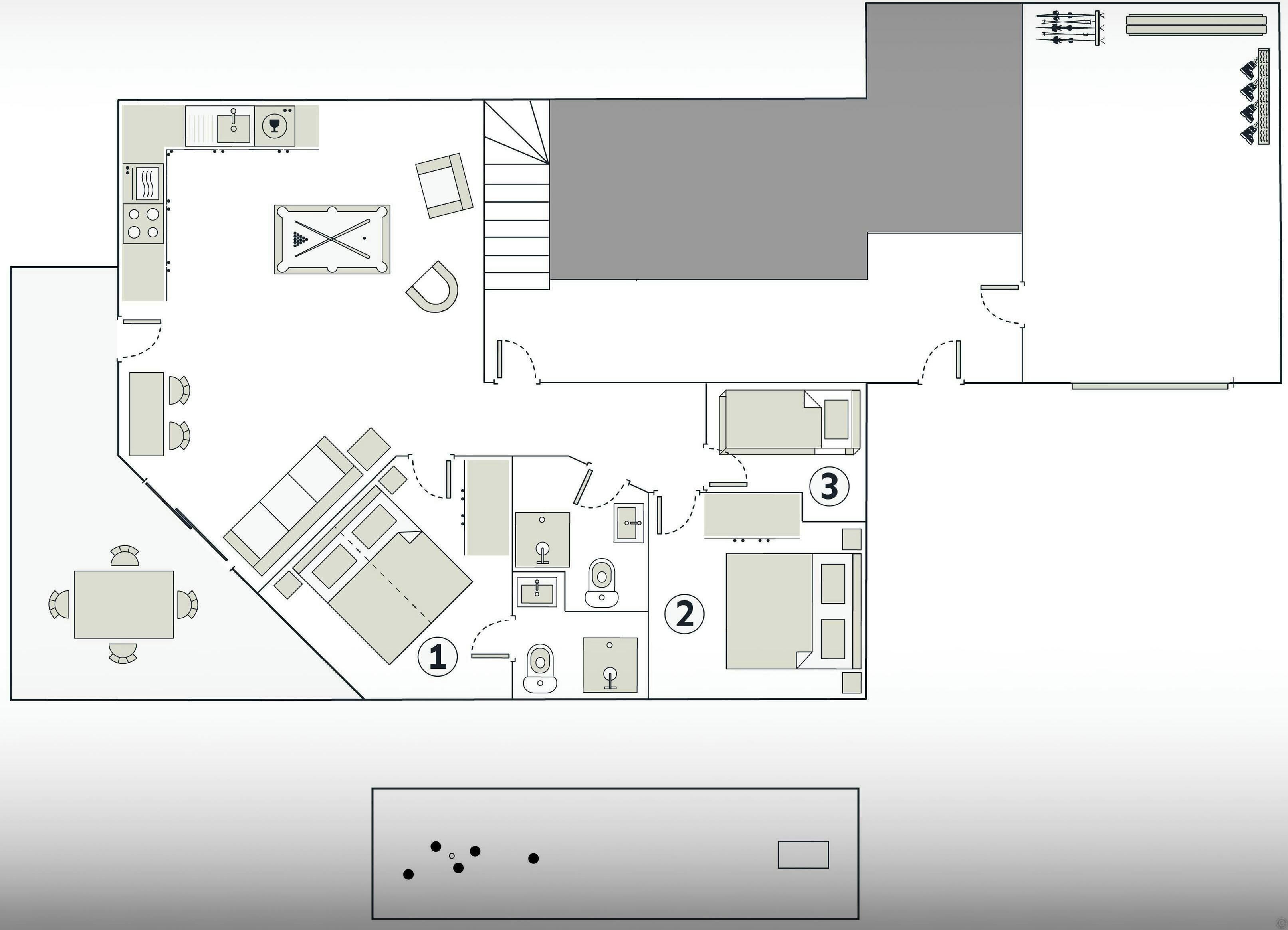A hotel floor plan with multiple rooms, a kitchen, and a dining area.