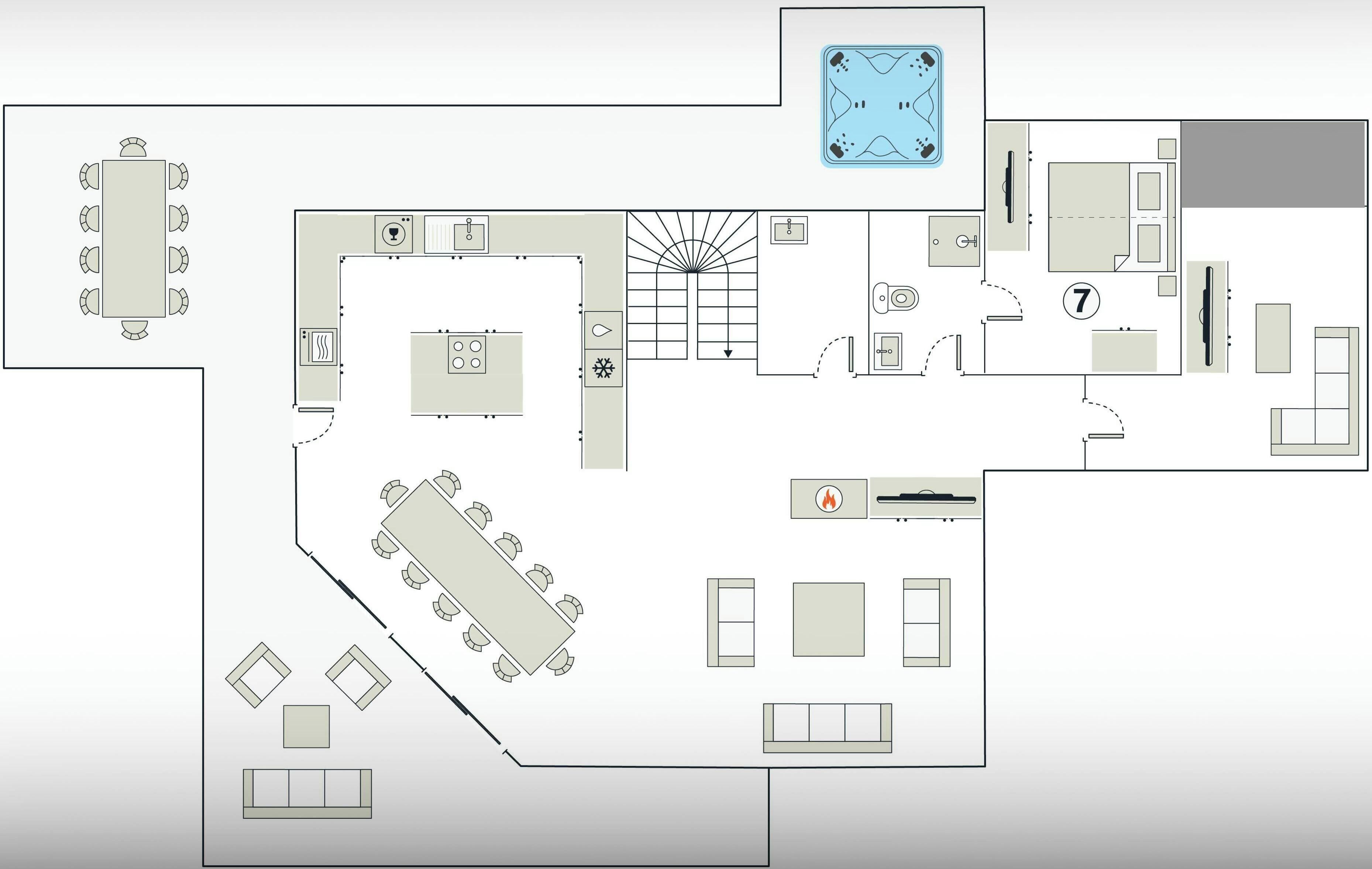 Planta baixa de um hotel com vários quartos, cozinha, sala de jantar e banheiro.