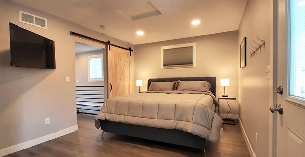 1 bedroom, memory foam beds, desk, iron/ironing board